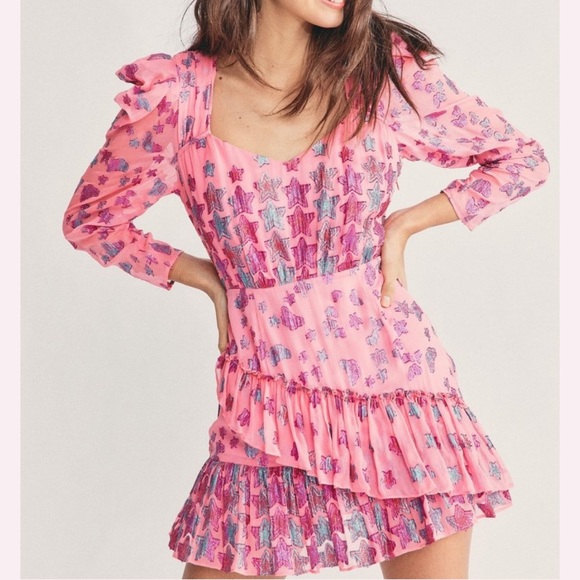 LoveShackFancy Caden whimsical Metallic Star Silk Puff Sleeve Mini Dress 0 - Picture 1 of 10